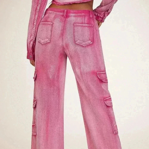 Pink Casual Womens Flap Pocket Cargo Jeans - Picture 3 of 4